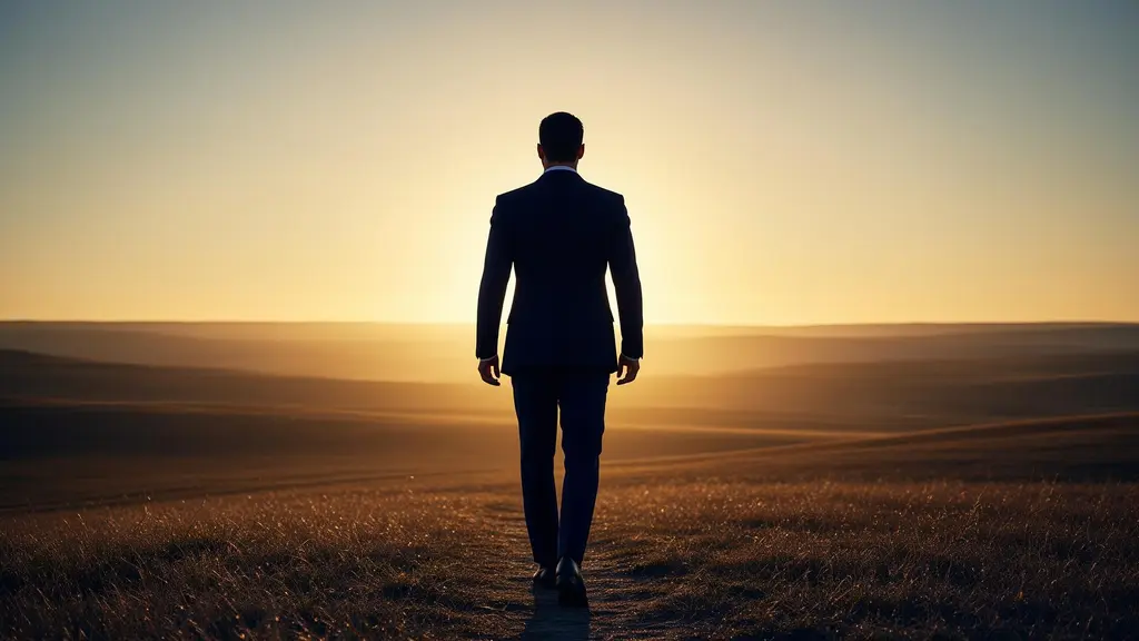 Homem caminhando em direção ao horizonte ao nascer do sol